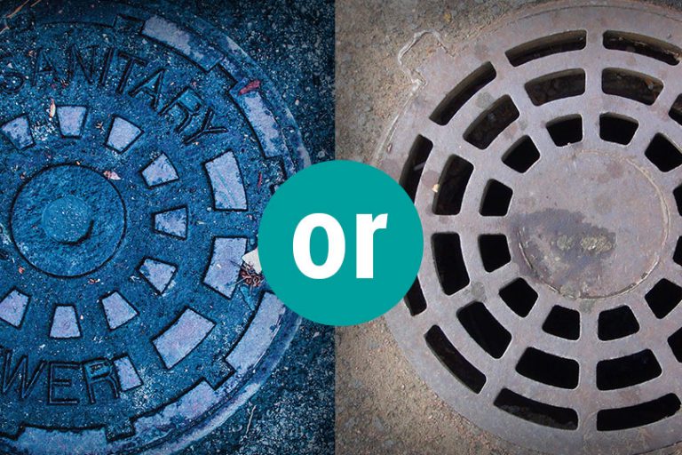 Picture of a round sewer drain cover and a similar-looking round storm drain grate.